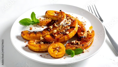 A plate presents caramelized banana slices, drizzled with sauce, topped with nuts and a dollop of cream, alongside fresh mint