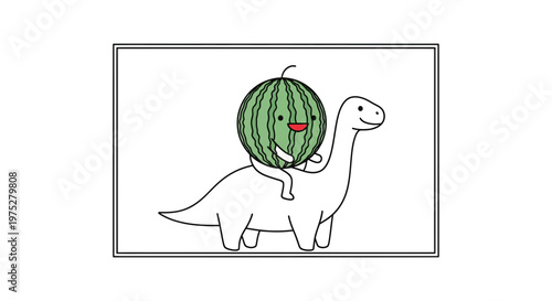 Cute Watermelon Riding a Dinosaur Illustration