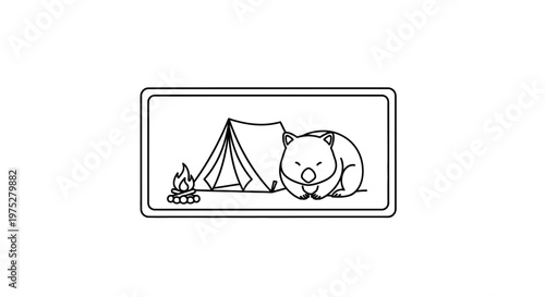 Cute Wombat Camping with Tent and Campfire, Adorable Australian Wildlife Illustration