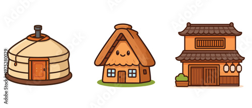 Cute Cartoon Traditional Houses Illustration