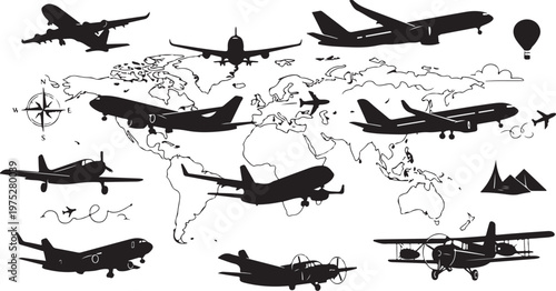 Airplanes and aircrafts flying around the world map illustration