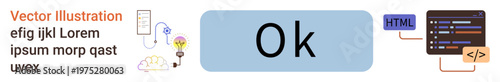 Digital communication, coding, brainstorming, creativity, web programming, conceptual art. OK text in center, icons include brain light bulb HTML code. Digital communication and coding concept