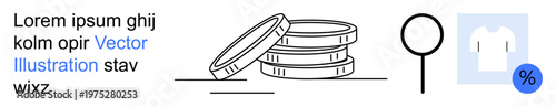 E-commerce, retail sales, financial analysis, savings, discounts, digital marketing. Coins stacked, magnifier percentage symbol near a shirt. E-commerce and retail sales concept