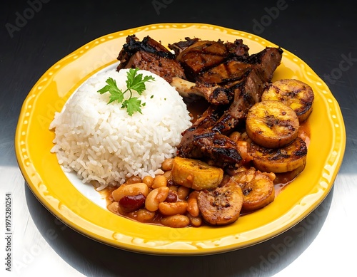 A plate showcases a hearty meal grilled meat, fluffy rice, plantains, and beans. A sprig of parsley adds color