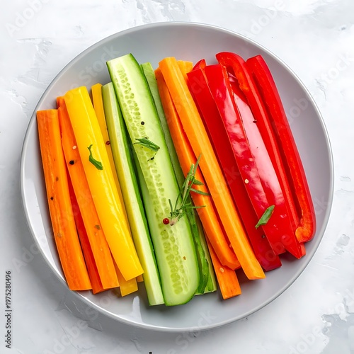 A plate showcases colorful vegetable sticks, including carrots, bell peppers, and cucumber, arranged artfully