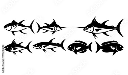 Stylized marine fish silhouette set bold tuna swordfish reef shapes vector for logo design isolated on white background