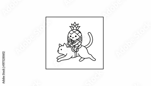 Cute pineapple character riding a cat, cartoon style, black and white line art