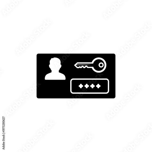 A black and white icon representing secure login credentials with a user silhouette, key, and password field.
