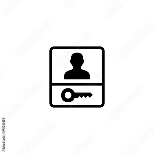 A black and white icon of a person's identification card with a key