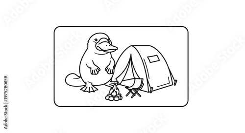 Cute Platypus Camping by Campfire with Tent, Cartoon Style