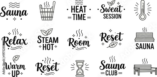 A collection of black and white line art icons and text representing sauna experiences including relaxation heat and wellness high quality professional detailed