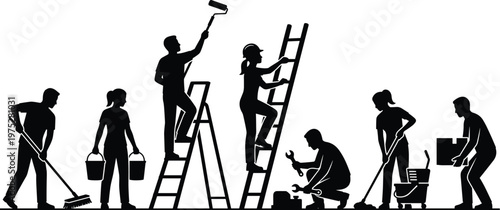 A silhouetted illustration depicts several workers engaged in various home renovation and maintenance tasks including painting and cleaning high quality professional detailed modern
