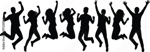 A group of silhouetted people are joyfully jumping in unison arms raised high expressing freedom and energetic celebration high quality professional detailed modern