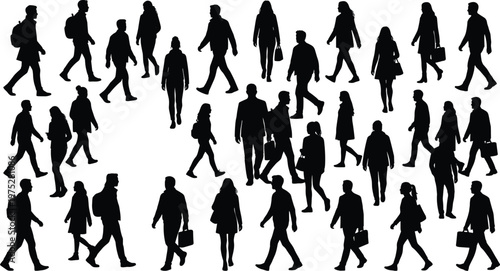 A large collection of silhouetted people are walking in various directions suggesting a busy urban environment or commuting scene high quality professional detailed