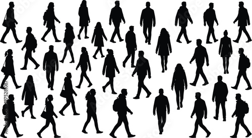 A large group of silhouetted people are depicted walking in various directions creating a sense of urban movement and anonymity high quality professional