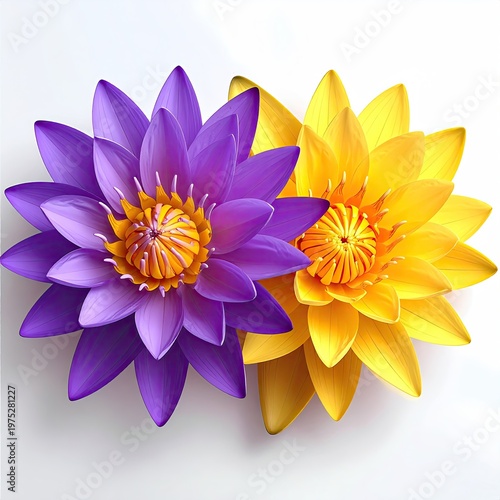 Vibrant purple and yellow water lilies showcasing intricate petal layers and golden centers in a detailed floral arrangement on white