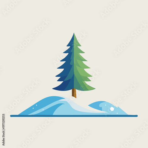 Winter landscape with a green tree and snowdrifts in the cold.