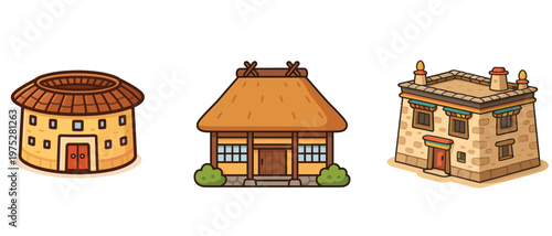 Traditional houses set with different architectural styles