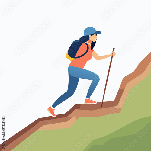 Woman Hiking Up a Mountain with Backpack and Stick.