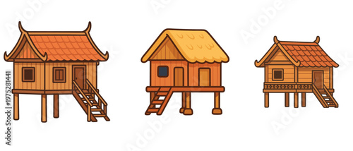 Three Traditional Wooden Stilt Houses Illustration