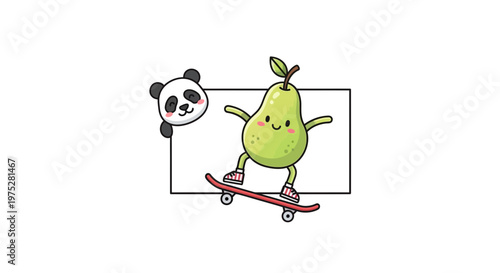 Cute Pear Character Skateboarder with Panda Peeking, Kawaii Style