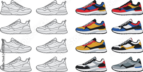 A collection of colorful running shoes in various styles and color schemes are neatly arranged in a grid like fashion high quality professional