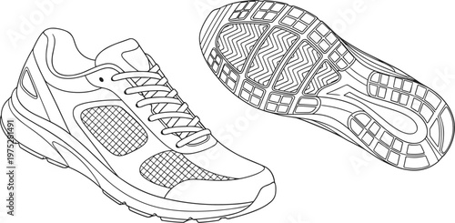 A detailed line drawing depicts a running shoe from two perspectives showcasing its design and sole pattern high quality professional modern elegant stylish