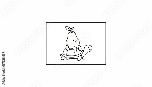 Cute Pear Riding a Turtle, Whimsical Cartoon Illustration, Adorable Animal Friendship