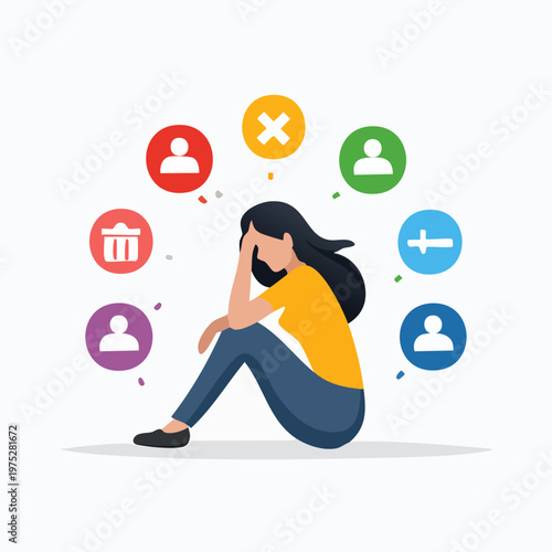 Woman overwhelmed by thoughts and social interactions.