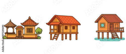 Traditional tropical houses and wooden gazebo illustration