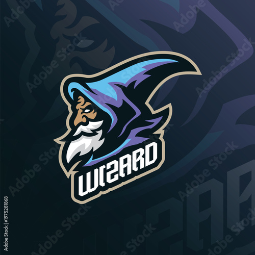 Wizard mascot logo design vector. Wizard head illustration for sport and esport team.