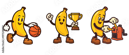Cartoon Bananas Playing Basketball and Sharpening Pencils