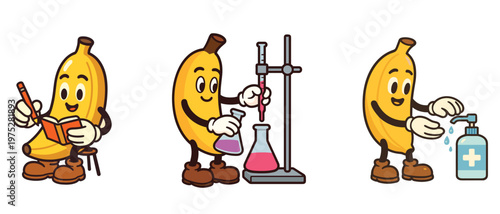 Banana characters reading, doing science experiment, using sanitizer