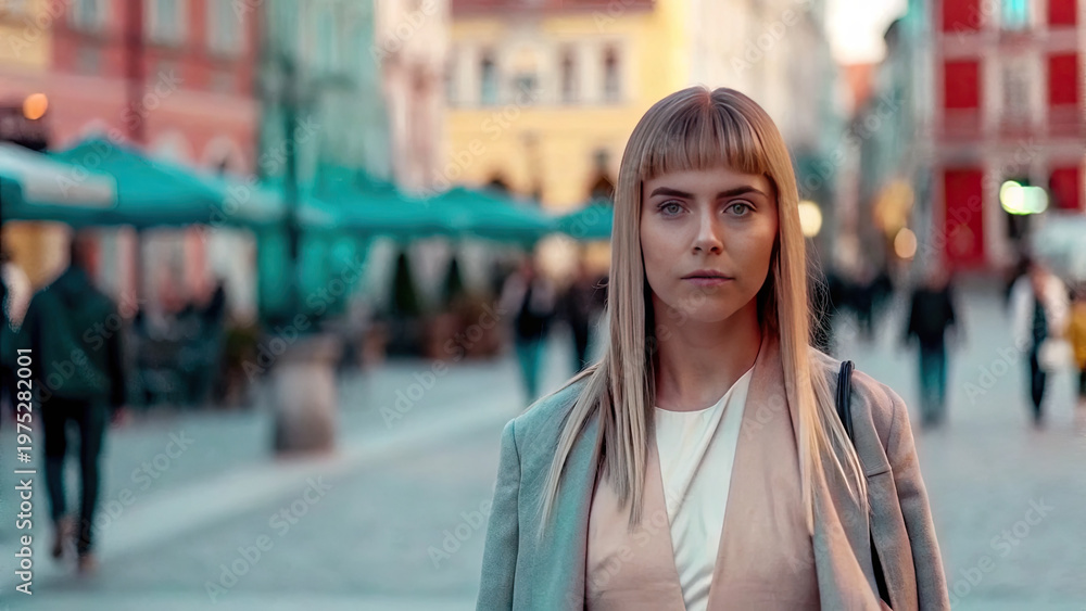 Obraz premium Motionless woman amid busy urban square scene concept. Confident woman walking through a vibrant city square.