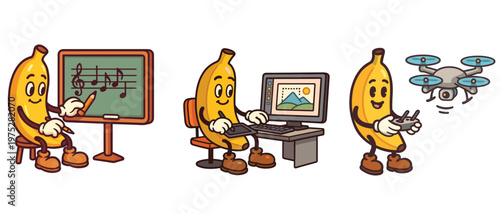 Banana characters teaching music and digital art and flying drone