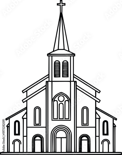 Hand Drawn Church Building with Steeple and Cross Vector Line Art Illustration