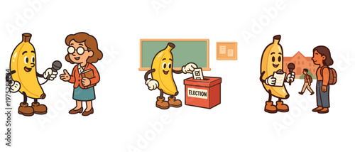 Banana character interviewing and voting in school election