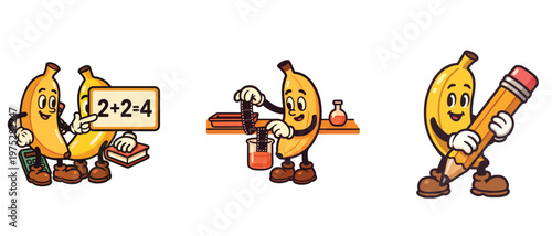 Banana characters learning math science and writing