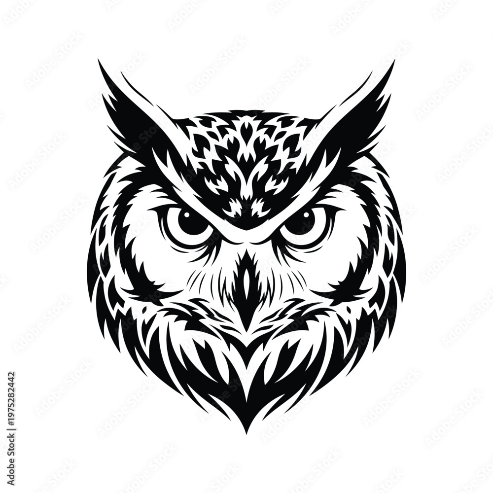 Obraz premium Striking monochrome owl head design, a powerful vector illustration embodying wisdom, vigilance, and the enigmatic spirit of the nocturnal wild