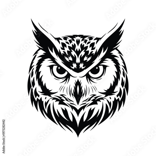 Striking monochrome owl head design, a powerful vector illustration embodying wisdom, vigilance, and the enigmatic spirit of the nocturnal wild