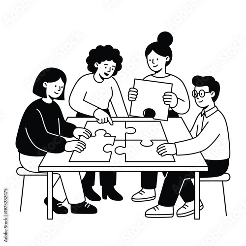 Minimalist team solving puzzle vector illustration