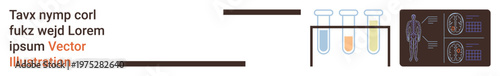 Scientific research, medical testing, diagnostics, lab analysis, healthcare, human anatomy. Test tubes filled with liquids and human X-ray displays. Scientific research and medical testing