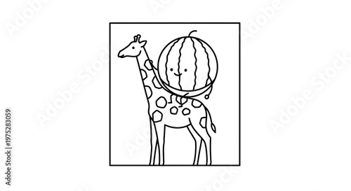 Cute Giraffe Carrying Watermelon on Back, Funny Animal Illustration