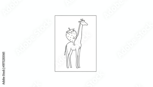 Cute Giraffe with Strawberry on Back - Whimsical Line Art Illustration