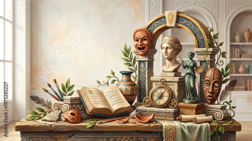 Ancient artifacts and artistic tools displayed on a wooden desk for International Museum Day, symbolizing historical preservation and cultural heritage education