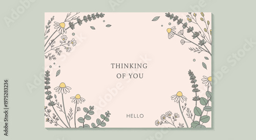 Greeting card with 'THINKING OF YOU' message and floral design on pale background with green leaves and yellow flowers.