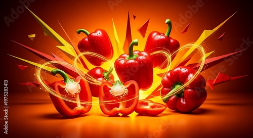 A vibrant and dynamic image of red bell peppers with abstract effects