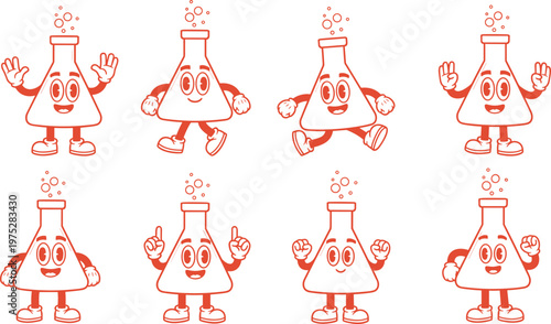 Cute laboratory flask mascot set, cartoon chemistry character collection with different poses, smiling science icons vector illustration isolated design
