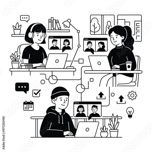 Vector team collaborating in a bw remote office.