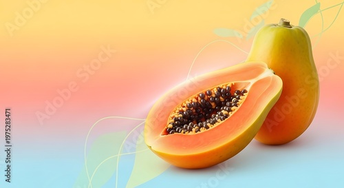 A vibrant and colorful illustration of papaya fruit on a gradient background